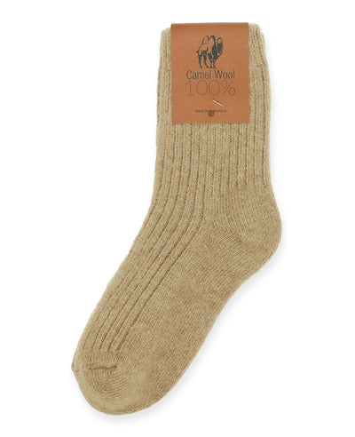 Natural camel wool socks in beige, ribbed texture, made from 100% Mongolian wool