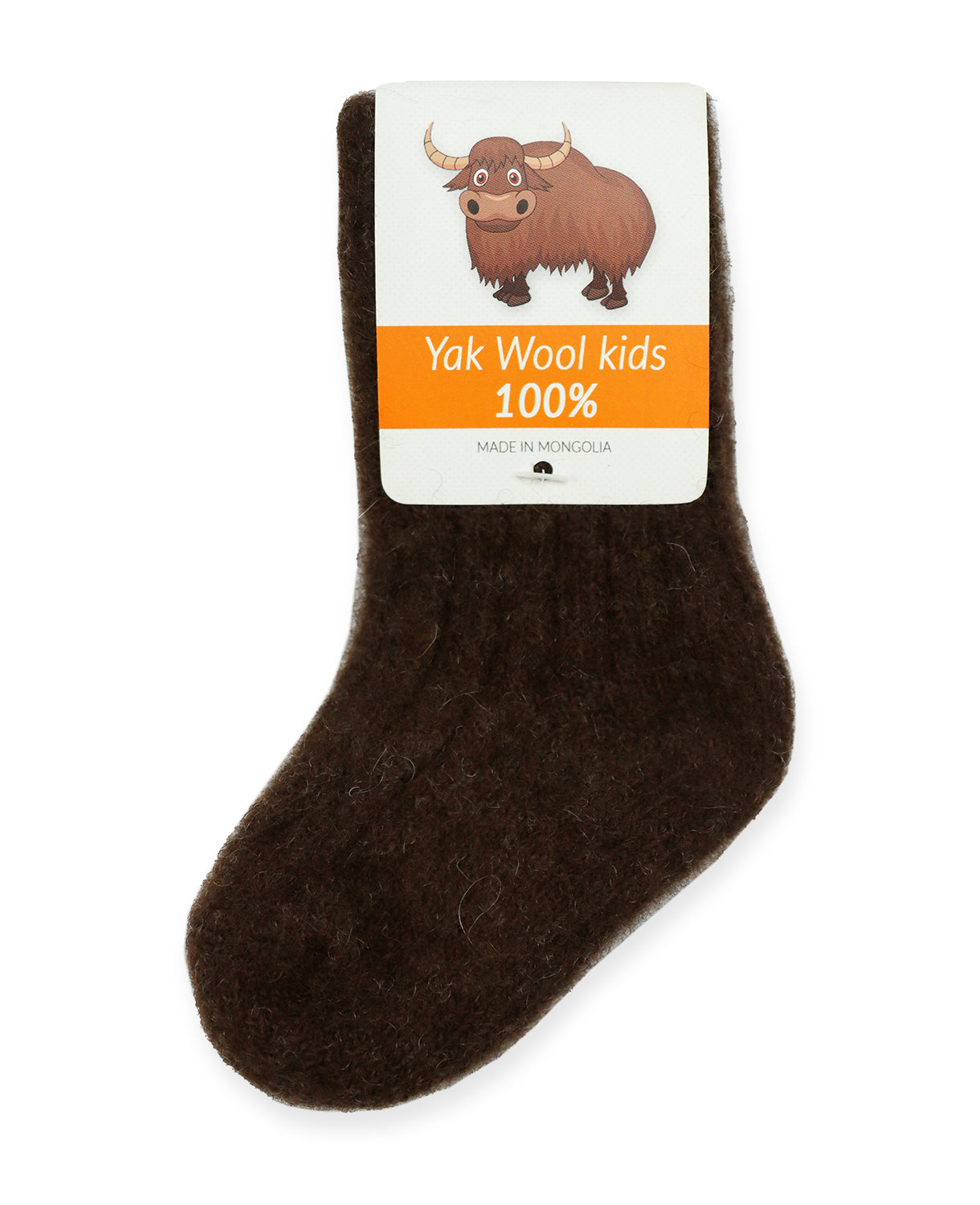 Pure yak wool kids' socks in deep brown, sustainably made in Mongolia, soft and warm for toddlers and children.