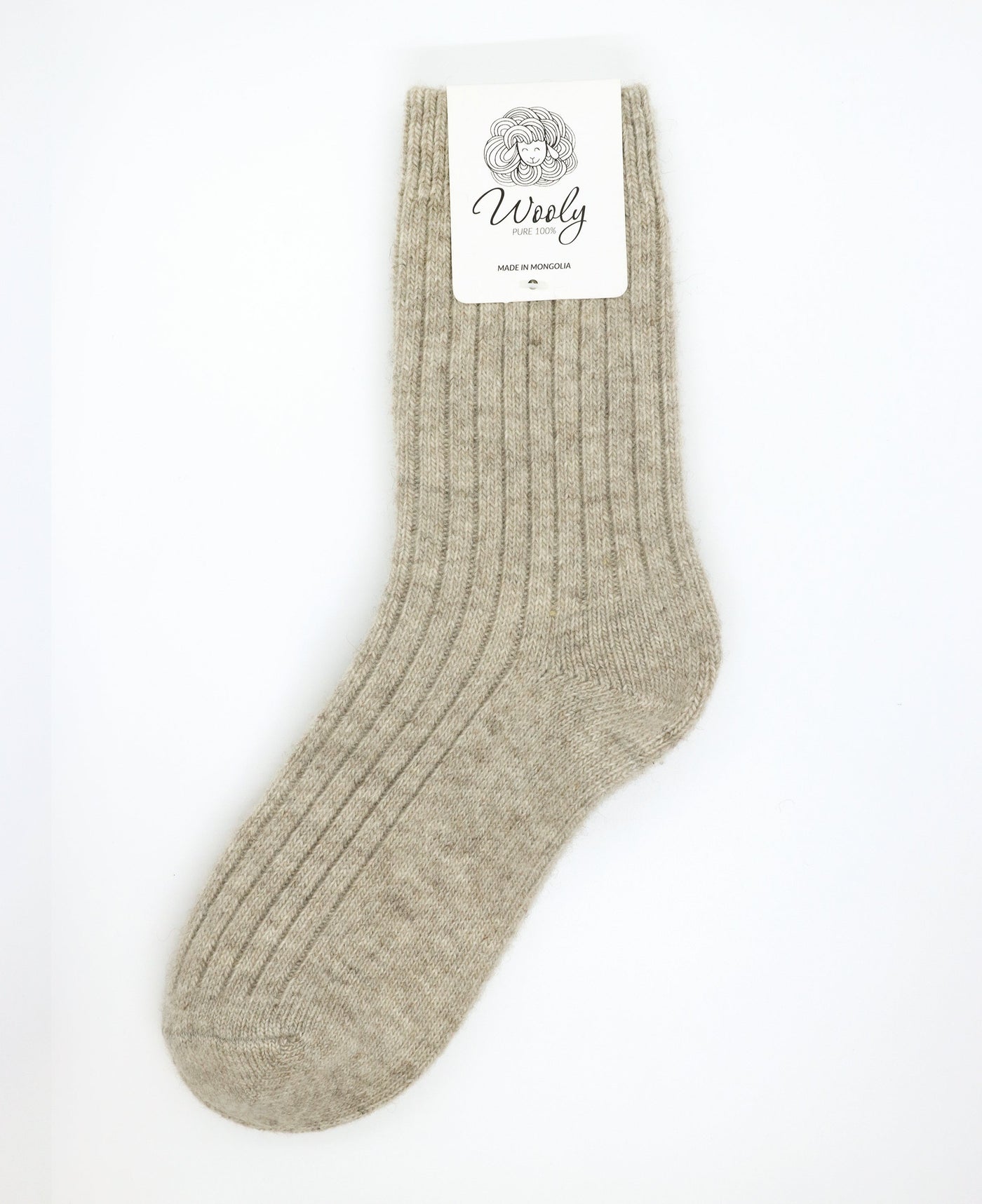 Natural wool socks in beige, ribbed texture, made from 100% Mongolian wool