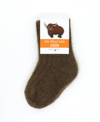 Pure yak wool kids' socks in brown, sustainably made in Mongolia, soft and warm for toddlers and children.